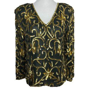 Silk Sequin Floral Blouse L Gold Black Joseph Le Bon France V-Neck Top